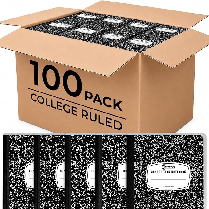 Rosmonde 100 Pack Bulk Composition Notebooks, College Ruled Notebook, 200 Pages (100 Sheets), 9-3/4 x 7-1/2", Hard Cover, Black Marble Composition Journal Book, Bulk Notebooks for School & College