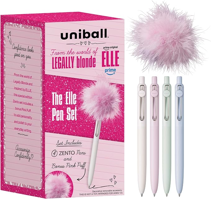 uniball™ The Elle Pen Set, Zento Gel Pens with Pink Puff, Black Ink, 0.7mm Medium Point, Retractable, 4 Count, Smooth Writing, Quick-Drying, No Smear, Fashion Barrel Colors