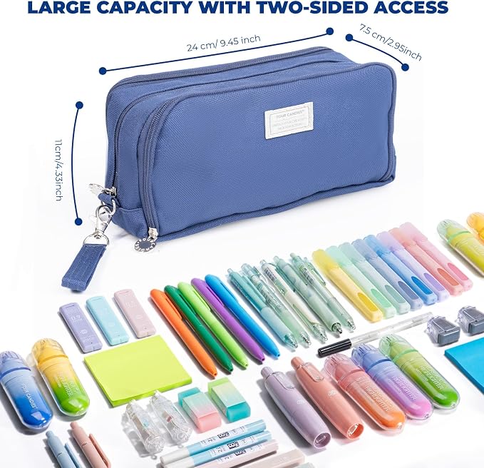 Four Candies Blue Pencil Case 3 Compartment Pouch, Large Pencil Case for School, Girls, Teen Boys, Women, Dark Blue, Removable Handle & Zipper, Cute Pencil Bag for Office, College