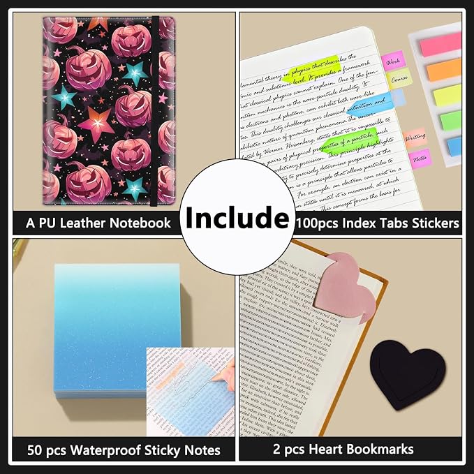 A5 Leather Lined Journal Notebook, 200 Pages Hardcover Executive Notebook for Men Women Office School Note Taking, Thick Writing Paper Daily Journal with Bookmarks/Indexes, Halloween Pink Pumpkin