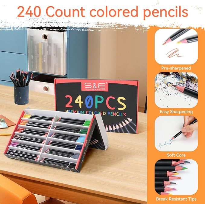 S & E TEACHER'S EDITION Colored Pencils 240Pcs, Pre-sharpened Super Soft Core Lead, Colored pencils,In Drawing Pencils, Woodcase Lead Pencils