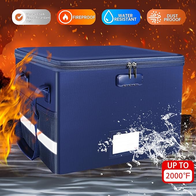 ENGPOW File Box with Lock, Fireproof Document Box with Zipper＆Pockets, Collapsible File Organizer Filing Storage Cabinet with Handle, Portable Home Office Safe for Hanging Letter/Legal Folder, Blue