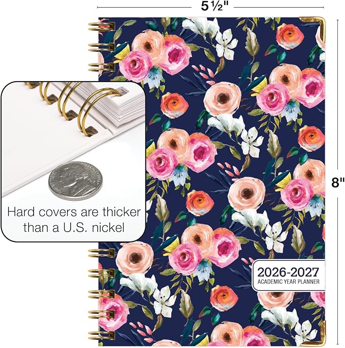 HARDCOVER Academic Year 2026-2027 Planner: 14 Months (May 2026 Through June 2027) 5.5"x 8" Daily Weekly Monthly Planner Yearly Agenda. Bookmark, Pocket Folder and Sticky Note Set (Small Navy Floral)