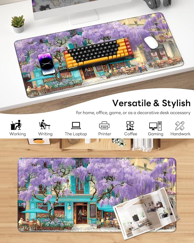 XL Gaming Mouse Pad, 31.5x15.7'' Large Desk Mat with Anti-Slip Rubber Base & Stitched Edges for Gaming, Office, Home, Wisteria Cafe