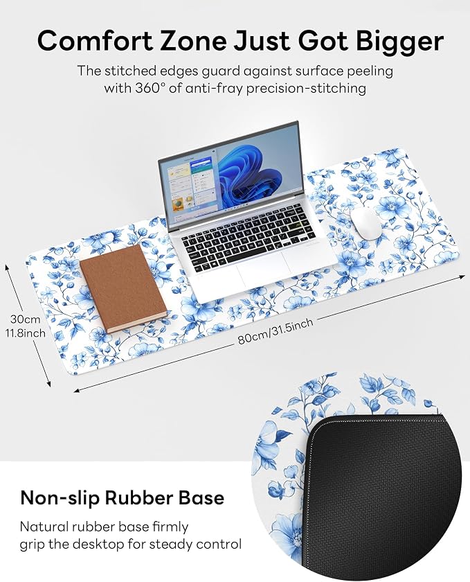 Floral Mouse Pad, 31.5 x 11.8 Large Desk Mat with Stitched Edges & Non-Slip Base, Mousepad for Office, Home, Work, Blue White Flower