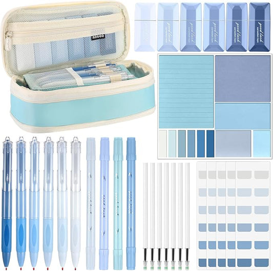38 Pcs Aesthetic Office Supplies with Pen Case Sticky Notes Gel Pens Highlighters Correction Tapes Stationery Kit for Office Work Coworkers(Light Blue Color,Classic)
