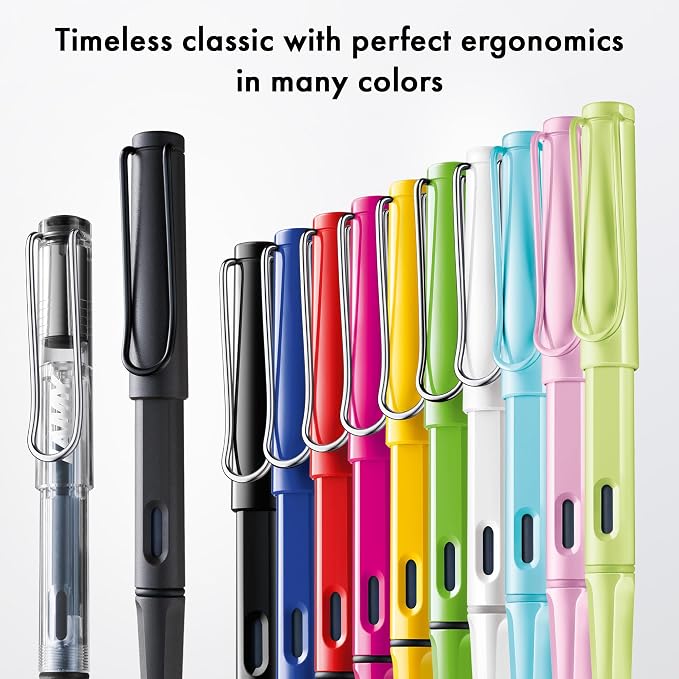 Lamy safari multicolor Fountain Pen Set all black – Special Edition with 6 Interchangeable Colored Rings – Steel Nib in Width M – incl. blue Ink Cartridge T10 & Gift Box