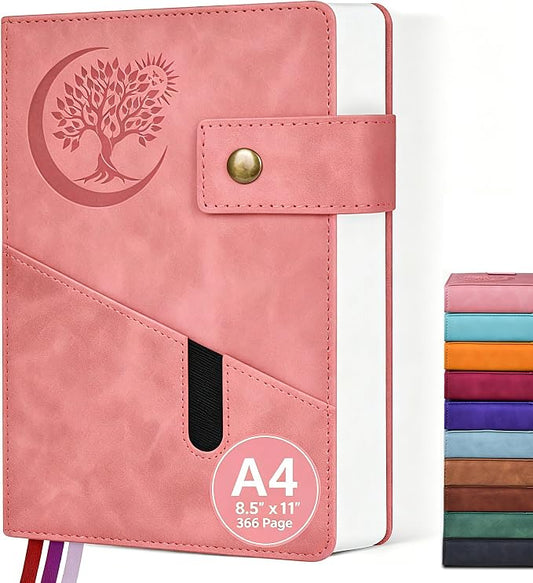 PAIBAS 8.5 x 11 Lined Notebook Journal 366 Pages Leather Journal for Women | Big notebook with 100gsm lined notebook paper college ruled, 3 ribbon bookmarks, front pocket slot & snap button.