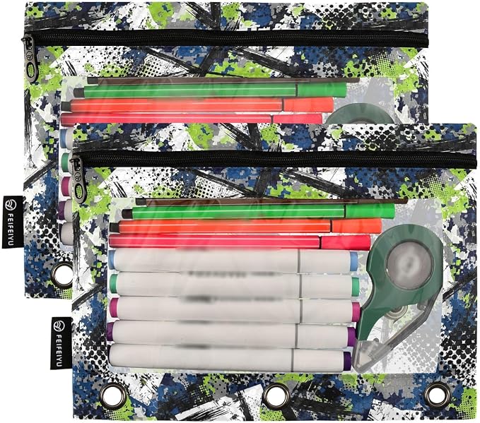 Gredecor Binder Pencil Pouch 3 Ring Grunge Camouflage Chaotic Zipper Pencil Pouches Case 2 Pack Clear Binder Organizer for School Office