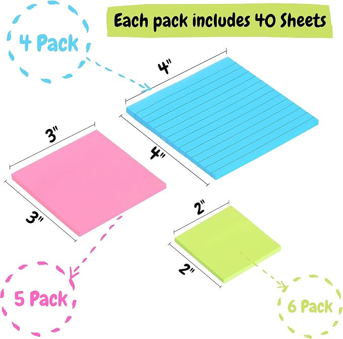 Mr. Pen- Sticky Notes Set, 15 Pack, 2"x2", 3"x3", 4"x4", 600 Sheets | Lined & Blank Notes, Self-Stick Sticky Pads for Bible Study, Office, School, Planning, Journaling & Organization