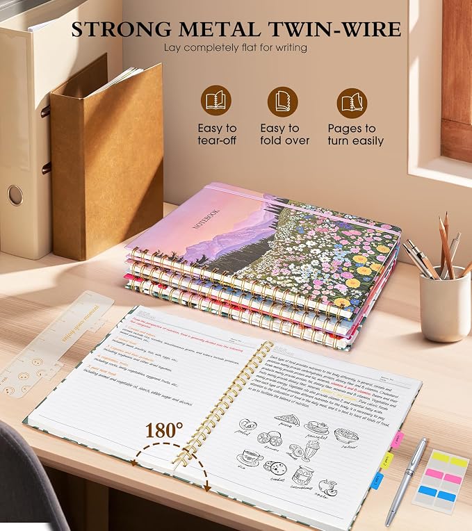 Spiral Notebook Journal 8.5” x 11”, A4 Large Notebooks for Women Men, College Ruled Lined Journal, 100 GSM Paper, Hardcover Spiral Bound Journals for Work School Note Taking Business, Field of Daisies