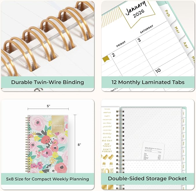 Blue Sky 2026 Weekly & Monthly Planner Calendar, 5"x8", Secret Garden Mint | January 2026 - December 2026, Flexible Cover, Durable Twin Wire Binding, Storage Pocket, Stickers
