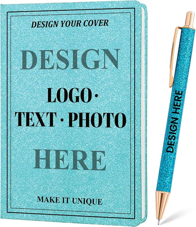 Custom Notebook and Pen Set - Personalized Cover with Logo/Text/Photo, Glitter Design & Rose Gold Accents, Customizable Journal with Matching Pen for Gifts/Office/School, Make It Unique, Green