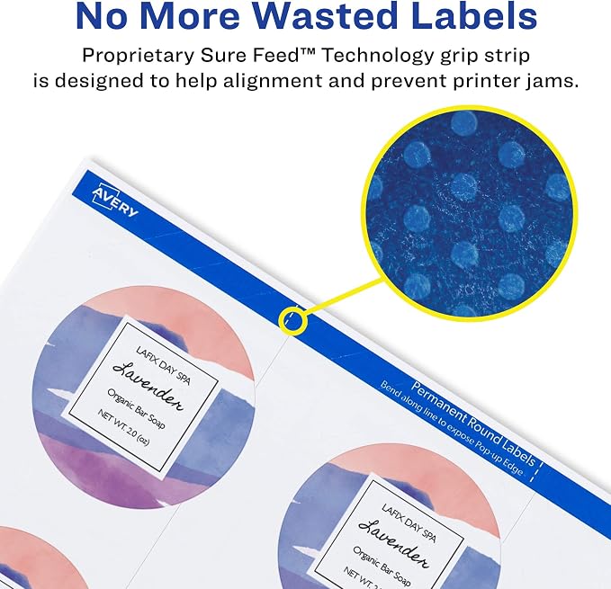 Avery Round Labels, 2" Diameter, Sure Feed Technology, Print-to-the-Edge, Easy Peel, Laser/Inkjet, Permanent, 120 Blank Circle Labels Total (22612)