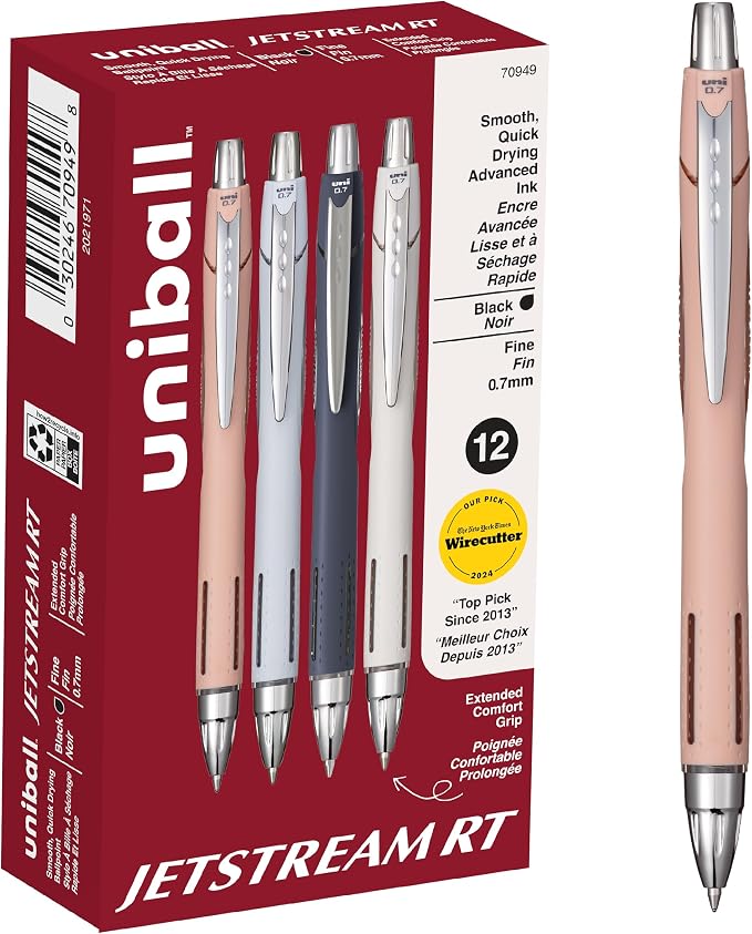 uniball™ Jetstream RT Ballpoint Pens, Black Ink, 0.7mm Fine Point, 12 Count | Retractable, Smooth Writing, Quick-Drying, Smear-Resistant, uni Super Ink™
