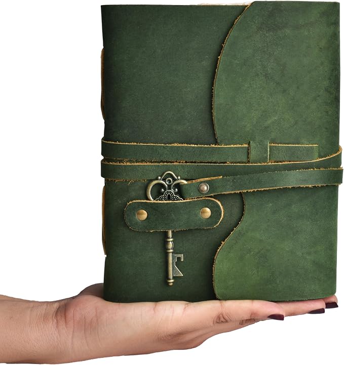 LEATHER VILLAGE Vintage Leather Journal – 200 Handmade Vintage Deckle Edge Paper – Leather bound Journal For Women Men – Vintage Key Closure - Book of Shadows - Green - 13X8 inches