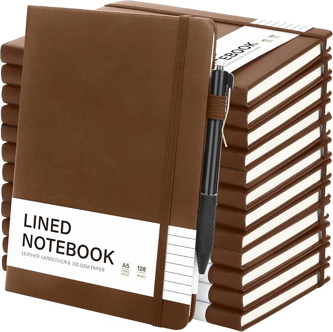 Aodaer 12 Set Lined Notebook Journals with Pens A5 Notebooks 100 GSM College Ruled Hardcover Notebook PU Leather Notepad with Pen Holder for Office School, 5.7 x 8.3 Inches, Dark Brown