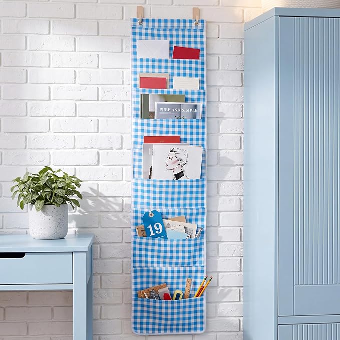 MotiMind 10 Blue Plaid Pockets Wall Hanging File Folders File Storage Pocket Chart for Classroom Hanging Wall Organizer with 2 Over The Door Hangers, 58" x 14" for School Classroom Office Home