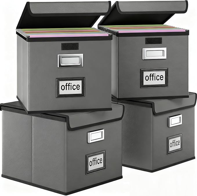 Portable Leather File Organizer Boxes with Lids, Office Document Boxes Organizer, Filing Boxes, Decorative Small File Boxes for Hanging Files with Plastic Slide for Office/Decor/Home