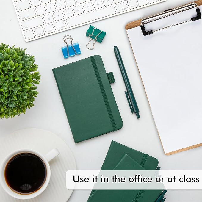feela 6 Pack Pocket Mini Notebooks Bulk, Small Cute Memo Notepads Hardcover College Ruled Lined Journals with Pen Holder for School Business Work, with 6 Black Pens, 3.5”x 5.5”, A6, Dark Green