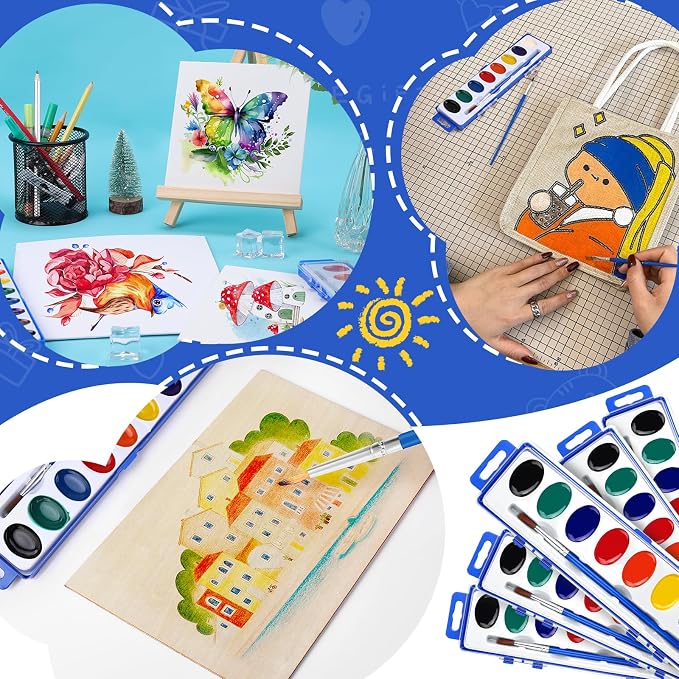 FUMILE Watercolor Paint Set Bulk, 5 Pack, 8 Colors Watercolors Paint with Paintbrush, Washable Watercolor Paint Set Kids for Parties, Birthday Party Favor, Valentines for Kids Classroom.