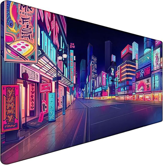Japanese City Big Desk Mat Large Office Desk Pad, Durable Extended Mouse Mat, 35.4"x15.7" Computer Mousepad with Non-Slip Rubber Base & Stitched Edge for Home Office Gaming Work