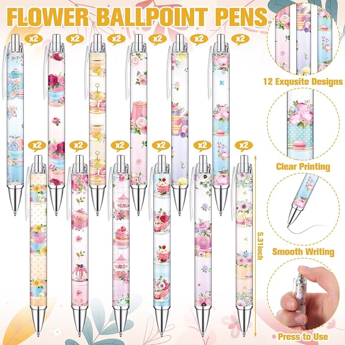 Eaasty 48 Pcs Tea Party Favors Spring Floral Notepads and Ballpoint Pens with Ribbon Vintage Teapot Flower Tea Party Gifts for Birthday Wedding Bridal Shower Office Supplies