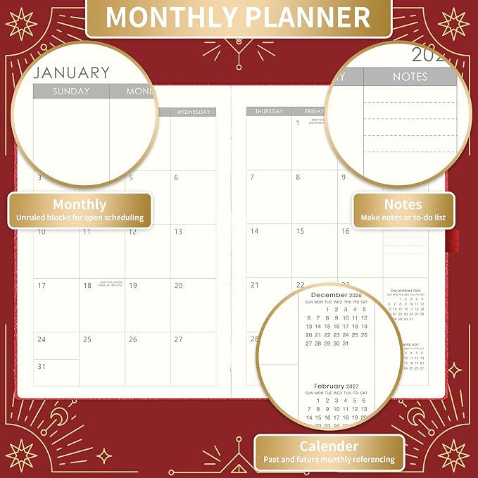 2027 Planner - 2027 Weekly Monthly Planner, January 2027 - December 2027, 5.75" x 8.25", Faux Leather Planner 2027 with Back Pocket & 40 Notes Pages - Red