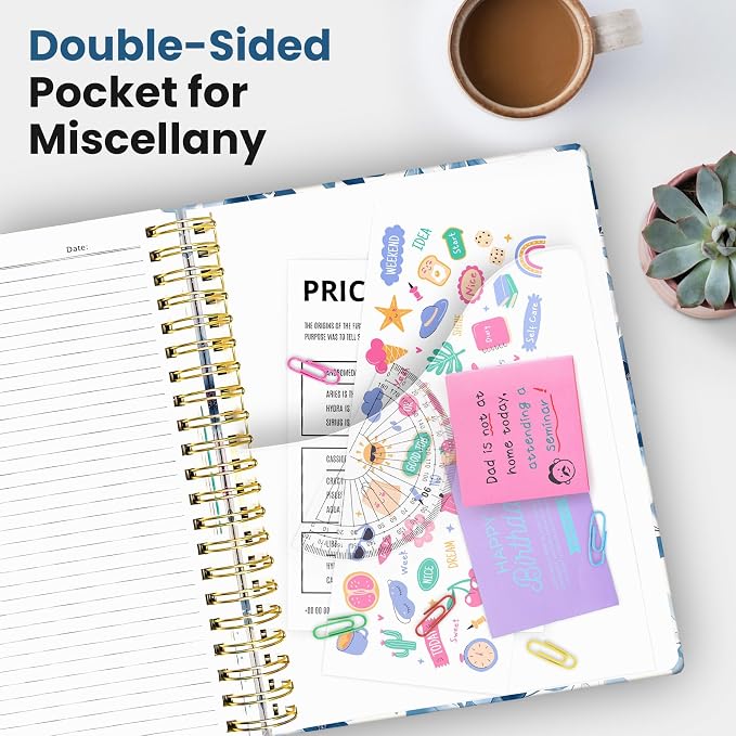 Large Spiral Lined Notebooks for Work with Removable Dividers & Tabs, 8.5"x11" Pretty Hardcover 5 Subject Notebook Journal for Women, College Ruled, Perfect for Study & Office Organization, 280 Pages,Blue Blooms