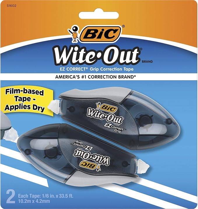 BIC Wite-Out EZ Correct Grip Correction Tape - 33.50 ft Length - 1 Line(s) - White Tape - Rubber Grip - 2 / Pack - White