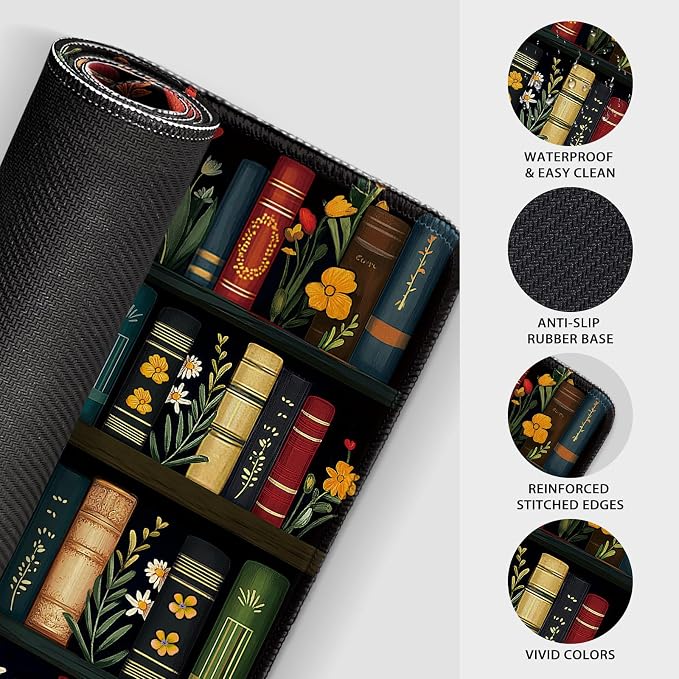Vintage Library Bookshelf Large Gaming Mouse Pad 31.5"x15.7"｜ Flower XXL Desk Mat, Non-Slip Rubber Base & Stitched Edges - Extended Waterproof Mousepad for PC/Laptop/Office/Home Decor