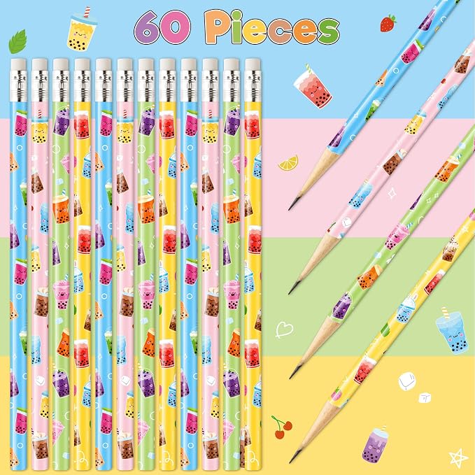 Xqumoi 60Pcs Bubble Tea Pencils with Eraser - Boba Milk Tea #2 HB Pencils, School Classroom Student Rewards Office Supply Holiday Gift Goodie Bag Fillers Stuffers Birthday Party Favors