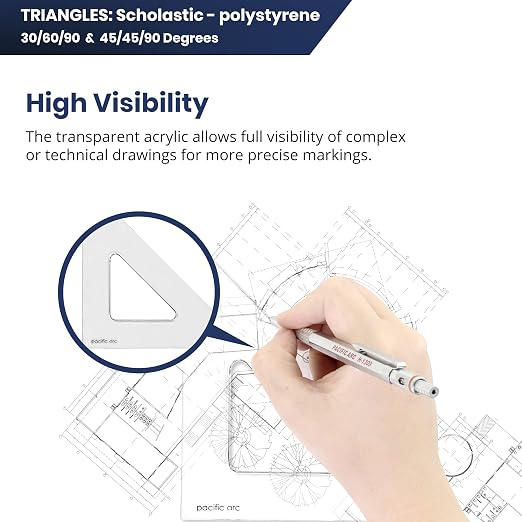Pacific Arc's Scholastic Triangle - 10 inch - Clear - 45/90 Angle - Plain Edge - Polystyrene - Technical Drawing Tools, Drafting, Architect and Engineering.