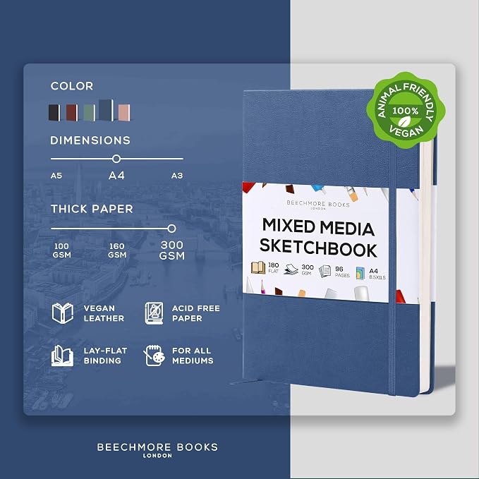 Beechmore Books Heavyweight Mixed Media Sketchbook - A4 8.5x11 300 GSM 48 Pages, Hardcover Lay-Flat Professional Journal for Painting, Acrylics and Wet Media
