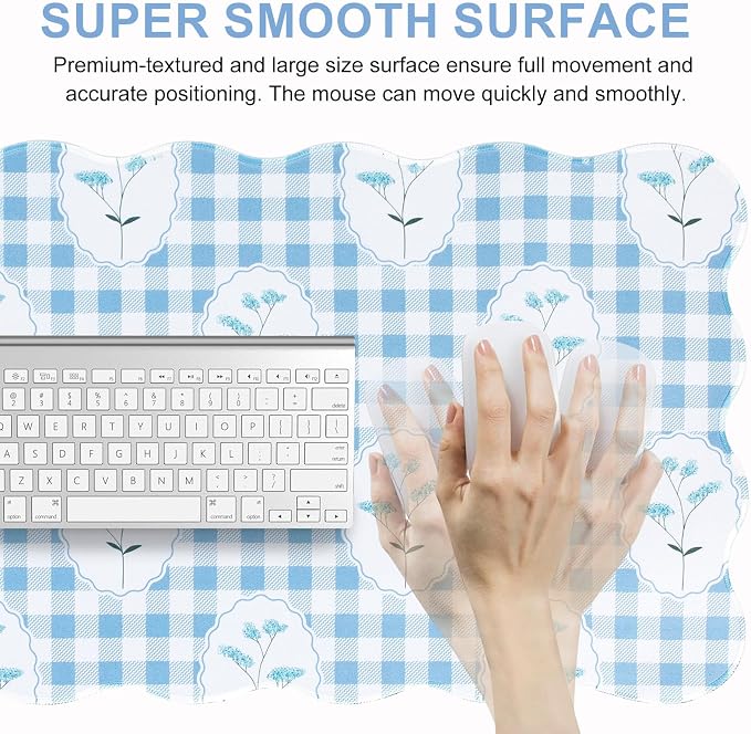 L-SPOUTTO Blue Mouse Pad,Cottagecore Scalloped Desk Mat XXL Gaming Mousepad | Checkered Floral Large 35.4x15.7in Non-Slip Rustic Keyboard Pad Desktop Mat for Laptop Computer Game Home Office