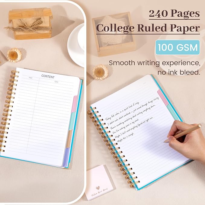 Hardcover Spiral Notebook with Tabs 8"x10" Large Spiral Lined Journals for Women with Dividers 240 Pages College Ruled Composition Notebook 5 Subject Notebook for Work, Back to School, Gifts, Blue