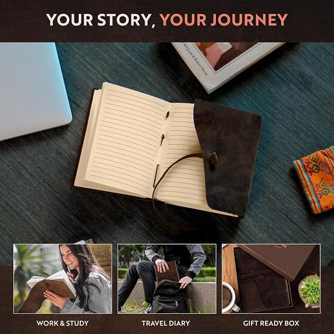 Leather Journal Lined Notebook Paper - MOONSTER® Leather Bound Journals for Writing for Women and Men, 8"x6" Ruled Large Notebooks, Kraft Paper with 400 pages - Non Refillable Lined Paper College Ruled & Travel Size