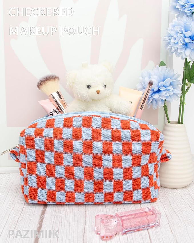 Checkered Makeup Bag for Purse, Small Travel Cosmetic Pouch,Orange Blue | Cute Zipper Makeup Organizer for Women, Travel Essentials, Toiletries, Makeup Brushes, Beauty Accessories&Bridesmaid Gifts