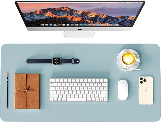 Leather Desk Pad Protector, Waterproof Mouse Pad, PU Desk Mat, Office Desk Cover, Desk Writing Mat for Office/Home/Work/Cubicle (Light Blue/Silver) 35.4x17 in