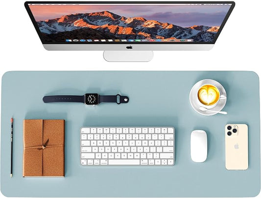 Leather Desk Pad Protector, Waterproof Mouse Pad, PU Desk Mat, Office Desk Cover, Desk Writing Mat for Office/Home/Work/Cubicle (Light Blue/Silver) 35.4x17 in
