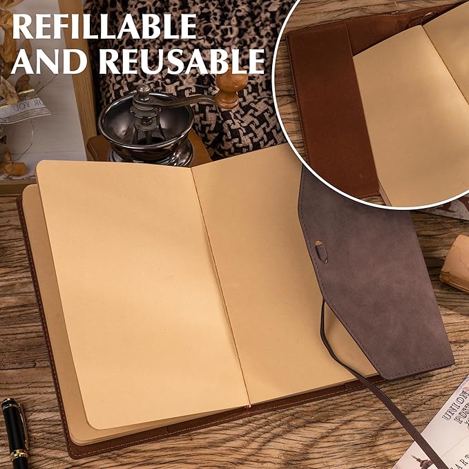MINICAGIE Vintage Journal for Women Men Leather Bound Journaling Notebook Diary 160 Pages Book of Shadows Journal Soft Cover Journals for Writing Travel Gifts, 5.9x 8.6 in, Brown
