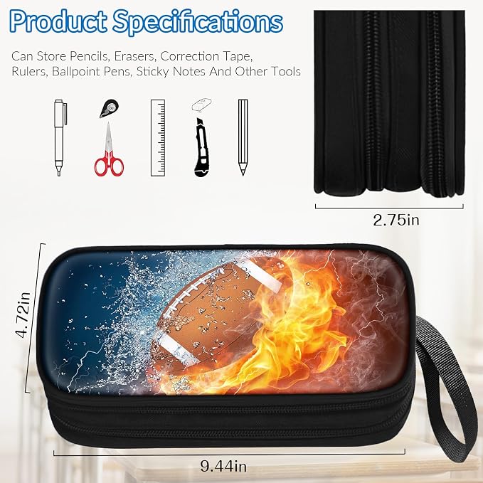TILYTADLY Large Pencil Case for Boys - American Football Boys Pencil Pouch with Zipper Compartments - Big Capacity Pen Box Pen Bag Organizer with Keychain for Kids Teens School