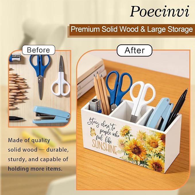Inspirational Sunflower Pen Holder for Home Office Desk, Stay Close to People Who Feel Like Sunshine Motivational Wooden Box Sign Pencil Holder for Desk Shelf Organizer