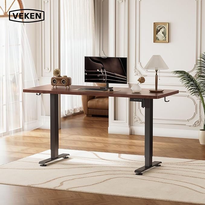 Veken 47.2 Inch Large Electric Standing Desk, Gaming Table, Walnut | Height Adjustable Sit Stand Up Computer Tables for Home Office, Study , Writing, Suit students, employees and group work
