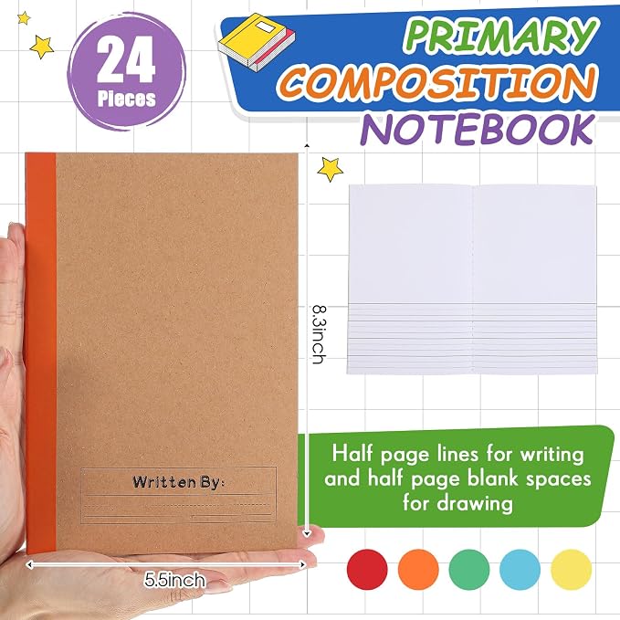 Henoyso 20 Pack Primary Composition Notebook, A5 Kids Primary Journal, K-2 Writing Notebook for Kids Student Draw Write Story Journal Half Blank Books(Bright Color)