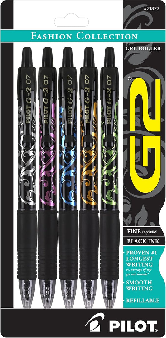 Pilot G2 Premium Refillable and Retractable Rolling Ball Gel Pens, Fine Point, Fashion Collection, 0.7 mm, Black Ink Pens, 5-Pack