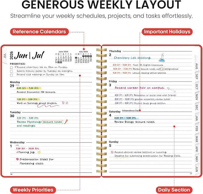 Planner 2026-2027, 8.5" x 11" Weekly and Monthly Academic Year Planner Calendar, July 2026 - June 2027, Hardcover Large School Planning Agenda With Tabs, Perfect for School & Office Supplies, A4, Tomato Red