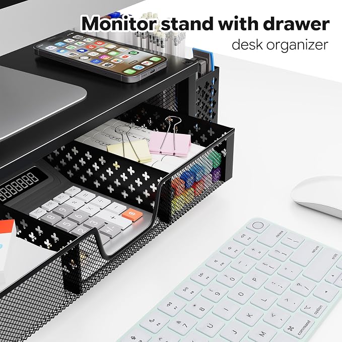 Simple Trending 2-Tier Desk Organizer, Computer Monitor Stand Riser, Black | Metal Laptop & Printer Stand, Desktop Organizer with Drawer & 2 Pen Holders, Anti Slip Pads, 18.5"W x 9.5"D x 4.75"H