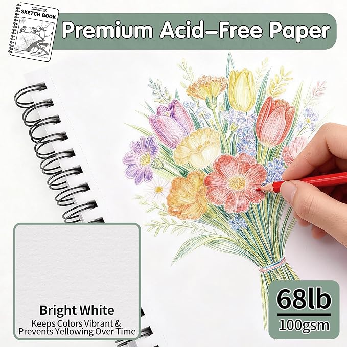 FIXSMITH 9"X12" Green Sketch Book, 400 Sheets (68 lb/100gsm) Spiral Sketchbook, Acid Free Drawing Paper, Sketch Pad for Beginners,Artists & Professionals, Bright White