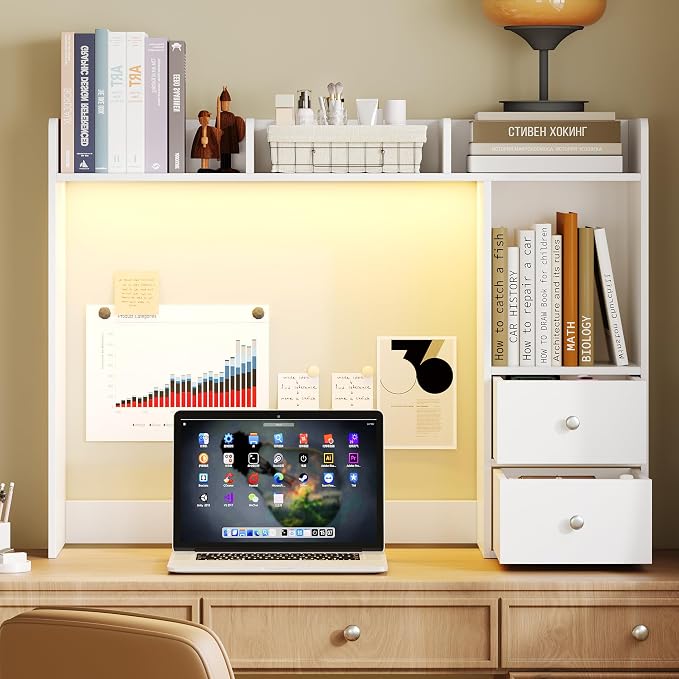 ChooChoo Desktop Bookshelf with LED Lights, 36.6" Dorm Desk Hutch with 4 Shelves and 2 Drawers, Fits 27" Monitor, Desk Organizer Shelf for Dorm Office Home, White